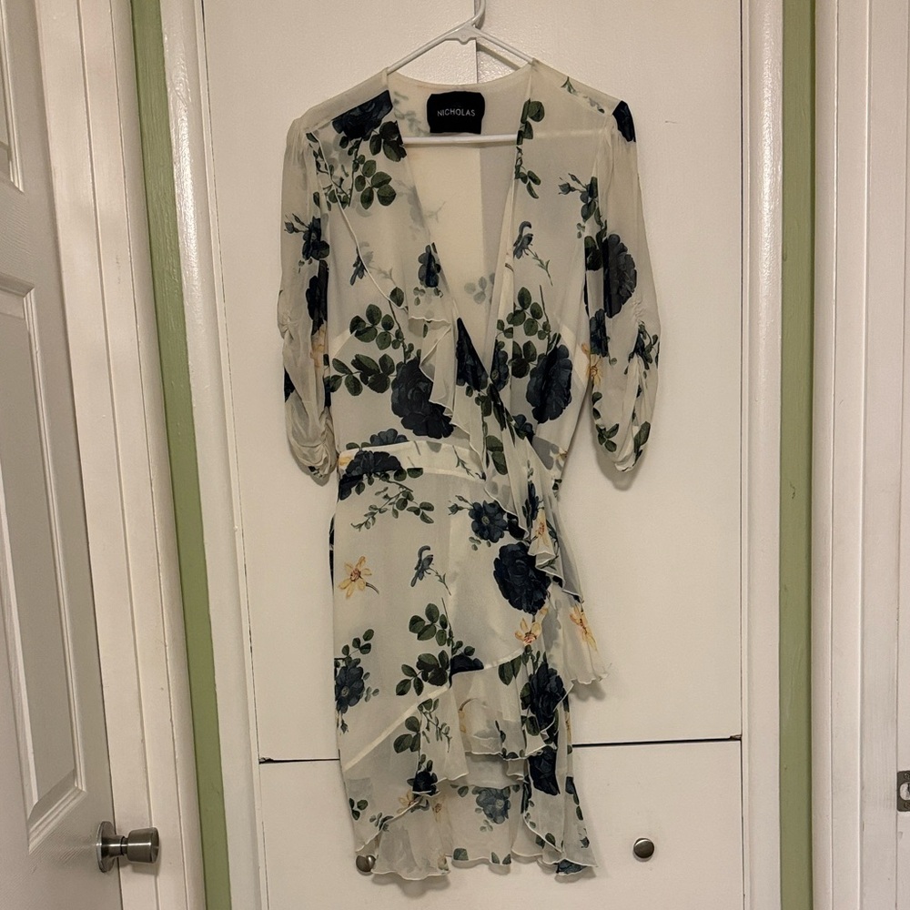 NICHOLAS Silk Wrap Floral Midi Dress - White and Blue